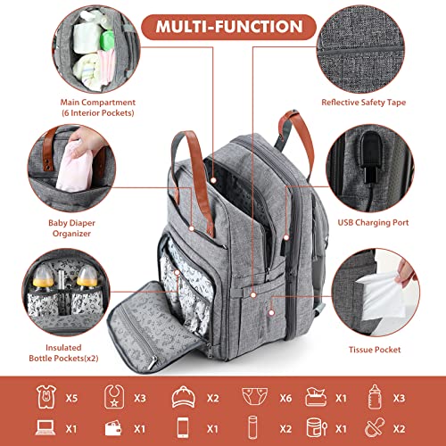 Mochila para pañales de bebé con portabebés de cambiador, gran almacenamiento principal, moisés portátil con bolsillo aislado para botella, puerto de carga USB integrado, regalos para niñas y niños