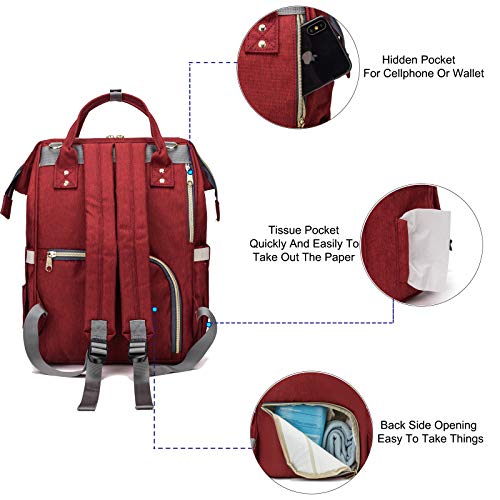 Mochilas para Pañales Biberones, Bolso de Viaje Gran Capacidad Impermeable Bolsos Cambiadores Multifunción para Cuidado de Bebé y Mamá viajes con Cambiador y Ganchos Carrito Bebé(rojo)