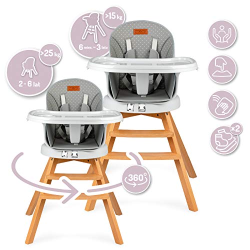 MOMI WOODI Trona 3 en 1 para bebés y niños de 6 a 36 meses (peso corporal máx.15 kg | 83 x 60,5 x 104 cm, peso 11,3 kg, cinturón de seguridad de 5 puntos, trona 360 ° | Gris