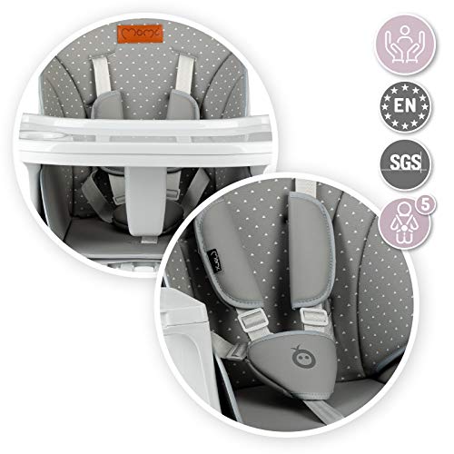 MOMI WOODI Trona 3 en 1 para bebés y niños de 6 a 36 meses (peso corporal máx.15 kg | 83 x 60,5 x 104 cm, peso 11,3 kg, cinturón de seguridad de 5 puntos, trona 360 ° | Gris