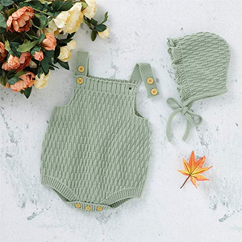 Mono de Punto y Gorro de Punto para Bebés Niños Mono de Peto con Botones de Color Liso con Gorro Redondo Conjunto de Mameluco de Punto de Otoño para Bebés (Verde, 18-24 M)