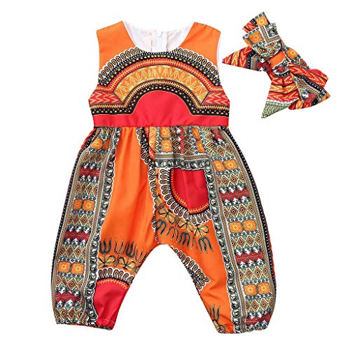 Mono y Diadema de Estilo Africano para bebé niñas, Mono sin Mangas Bebes niños niñas Pantalones Bodies Peleles de una Pieza Naranja 110