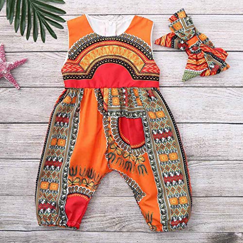 Mono y Diadema de Estilo Africano para bebé niñas, Mono sin Mangas Bebes niños niñas Pantalones Bodies Peleles de una Pieza Naranja 110