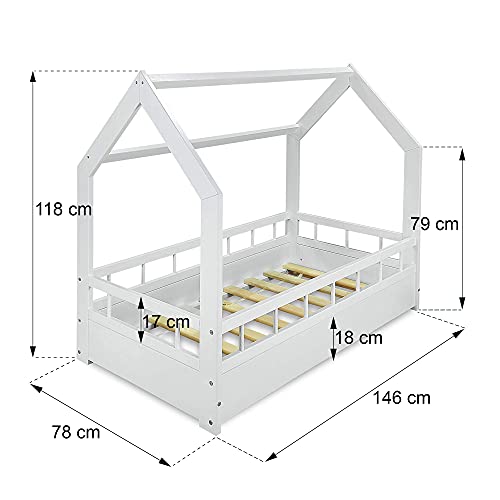 MS FACTORY Cama Infantil de Madera Pino - Cama Montessori Forma de Casa 70x140 cm para Niño y Niña - Barandilla Seguridad, Lamas Somier - Blanco