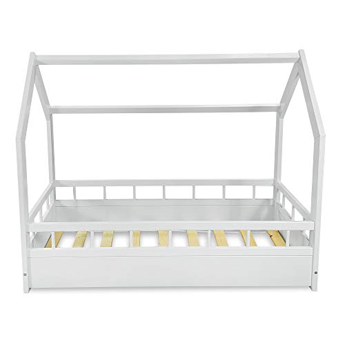 MS FACTORY Cama Infantil de Madera Pino - Cama Montessori Forma de Casa 70x140 cm para Niño y Niña - Barandilla Seguridad, Lamas Somier - Blanco