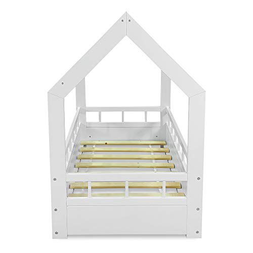 MS FACTORY Cama Infantil de Madera Pino - Cama Montessori Forma de Casa 70x140 cm para Niño y Niña - Barandilla Seguridad, Lamas Somier - Blanco