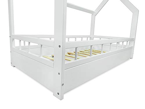 MS FACTORY Cama Infantil de Madera Pino - Cama Montessori Forma de Casa 70x140 cm para Niño y Niña - Barandilla Seguridad, Lamas Somier - Blanco