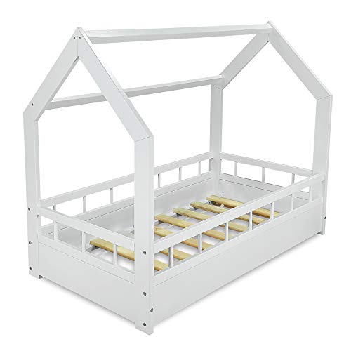 MS FACTORY Cama Infantil de Madera Pino - Cama Montessori Forma de Casa 70x140 cm para Niño y Niña - Barandilla Seguridad, Lamas Somier - Blanco