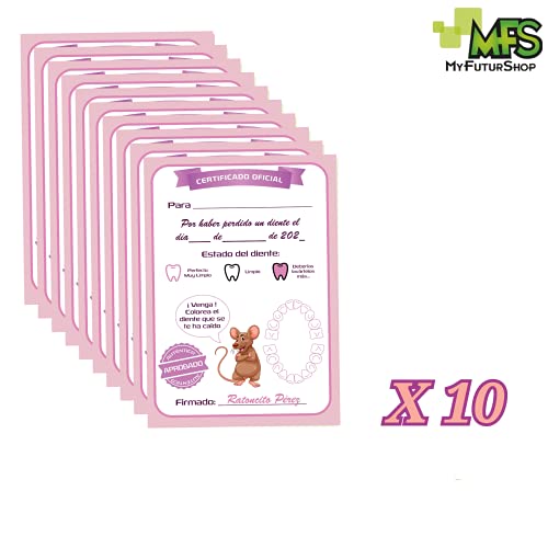 Myfuturshop® Cartas ratoncito Pérez Certificado de diente limpio 10 Unidades. Regalo original para niño y niña. rosa