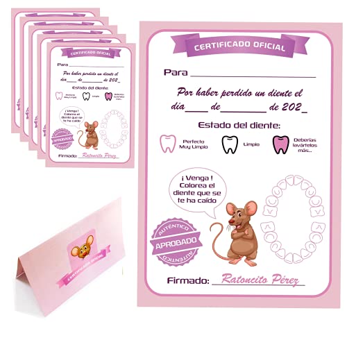 Myfuturshop® Cartas ratoncito Pérez Certificado de diente limpio 10 Unidades. Regalo original para niño y niña. rosa