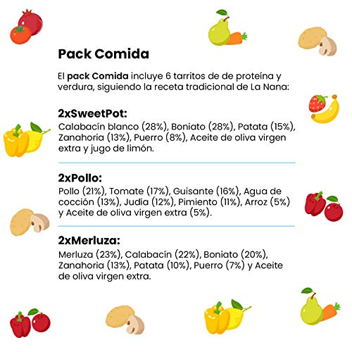 NANA - Pack de 6 tarritos ecologicos: 2 pollo, 2 merluza y 2 sweet pot, 185g