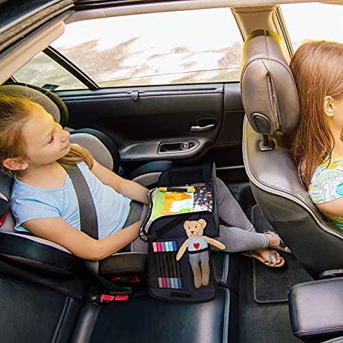 Navaris Mesa de Coche para niños - Bandeja Infantil para Viaje Cochecito avión - para Dibujar apoyar Tablet Snack Botella - Plegable con Bolsillos