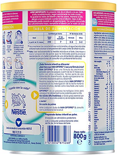 Nestlé Nan Optipro 3 Leche De Crecimiento en Polvo, 3 x 800g