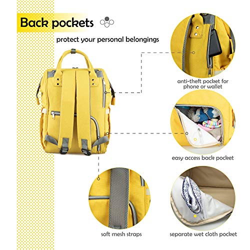 NEVEQ Mochilas de Pañales para Bebé, Maternal Bolso Multifuncional con USB de Viaje, Gran Capacidad, Impermeable (Amarillo)