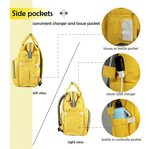 NEVEQ Mochilas de Pañales para Bebé, Maternal Bolso Multifuncional con USB de Viaje, Gran Capacidad, Impermeable (Amarillo)