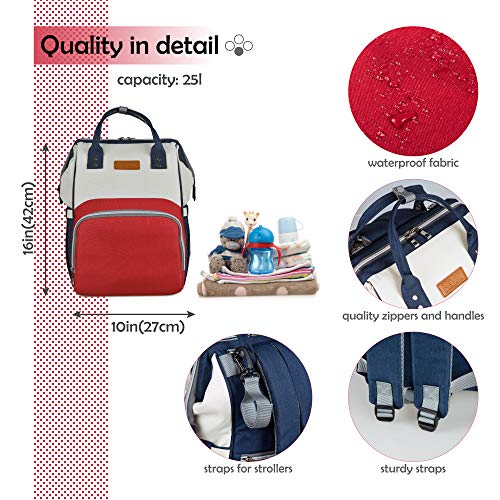 NEVEQ Mochilas de Pañales para Bebé, Maternal Bolso Multifuncional con USB de Viaje, Gran Capacidad, Impermeable (Rojo, azul y blanco)