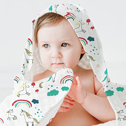 NICEKOOL® Capa de Baño Bebé - Toalla con Capucha para bebé, Toalla de baño con Capucha y toallitas para bebé, 1 Set Capa de Baño 75 x 100 CM, 3 Toalla Facial Infantil 30 x 30 CM, Unicornio