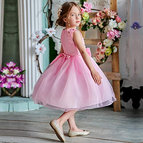 NNJXD Vestido de Fiesta de Princesa con Encaje de Flor de 3D sin Mangas para Niñas Talla(140) 5-6 Años Rosa