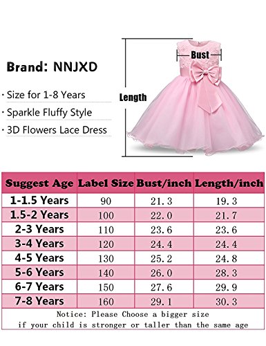 NNJXD Vestido de Fiesta de Princesa con Encaje de Flor de 3D sin Mangas para Niñas Talla(140) 5-6 Años Rosa