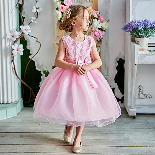 NNJXD Vestido de Fiesta de Princesa con Encaje de Flor de 3D sin Mangas para Niñas Talla(140) 5-6 Años Rosa