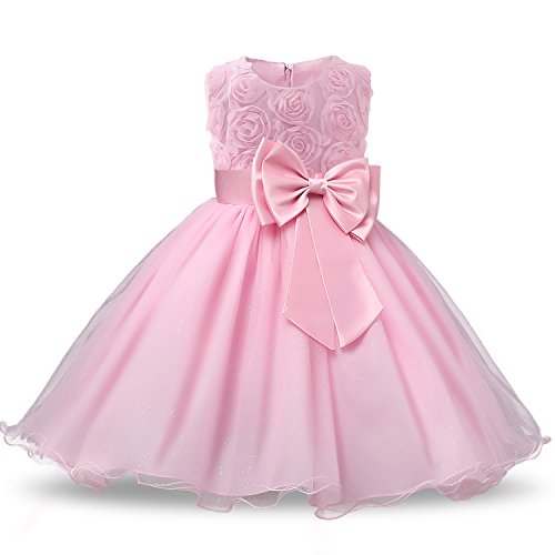 NNJXD Vestido de Fiesta de Princesa con Encaje de Flor de 3D sin Mangas para Niñas Talla(140) 5-6 Años Rosa