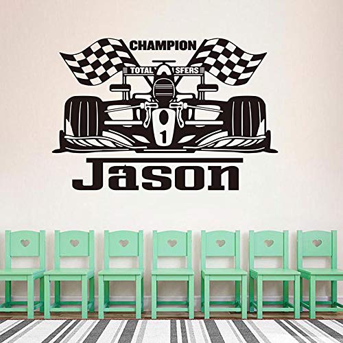 Nombre personalizado Racing Car Vehicle Race Champion Race Wall Decal Vinilo Decoración para el hogar Etiqueta de la pared Kids Boy Room Murales A3 gris 85x57cm