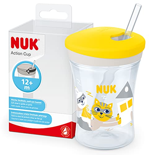 NUK Action Cup taza para niños, +12 meses, Pajita blanda de accionamiento por giro, A prueba de fugas, Sin BPA, 230 ml, Gato (amarilla), 1 unidad (10255601)