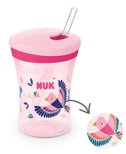 NUK Action Cup - Vaso para niños con efecto camaleón, 12 meses, tapa giratoria con pajita suave, antigoteo, sin BPA, 230 ml, diseño de pájaro (rosa)