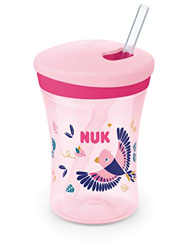 NUK Action Cup - Vaso para niños con efecto camaleón, 12 meses, tapa giratoria con pajita suave, antigoteo, sin BPA, 230 ml, diseño de pájaro (rosa)