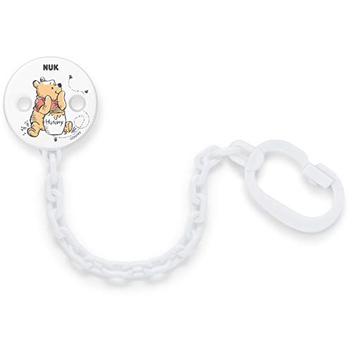 NUK Disney Winnie Pooh- Cadena para chupete con broche para sujetarlo con firmeza a la ropa del bebé (1 unidad), blanco o gris (no se puede elegir el color)