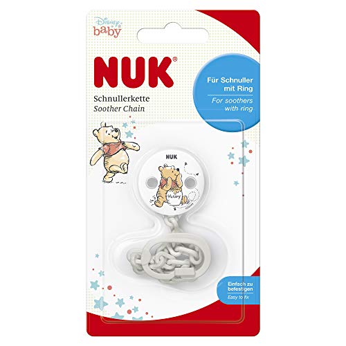 NUK Disney Winnie Pooh- Cadena para chupete con broche para sujetarlo con firmeza a la ropa del bebé (1 unidad), blanco o gris (no se puede elegir el color)