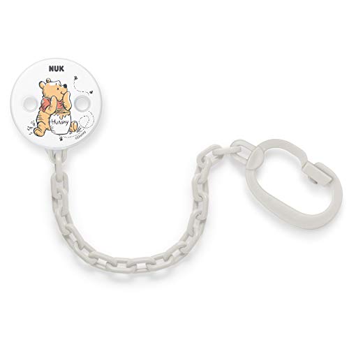 NUK Disney Winnie Pooh- Cadena para chupete con broche para sujetarlo con firmeza a la ropa del bebé (1 unidad), blanco o gris (no se puede elegir el color)