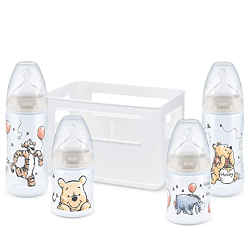 NUK Disney Winnie The Pooh First Choice + Baby Bottle Starter Set 4 biberones anticólicos (2 x 150 ml y 2 x 300 ml) Control de temperatura Caja de botella de silicona BPA