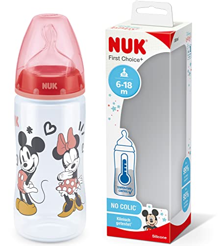 NUK First Choice+ Biberón | 6-18 meses | Pantalla de control de temperatura | 300 ml | Válvula anticólicos | Sin BPA | Tetina de silicona | Disney Mickey y Minnie Mouse | Minnie y Mickey (rojo)