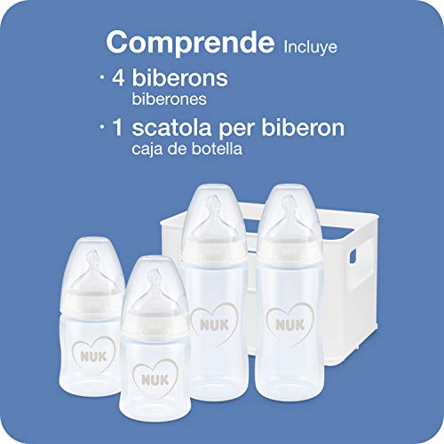 NUK First Choice+ kit de biberones de iniciación, 0-6 meses, 4 biberones con control de temperatura y una cesta para biberones, Válvula anticólico, Sin BPA, Gris y blanco, 5 unidades