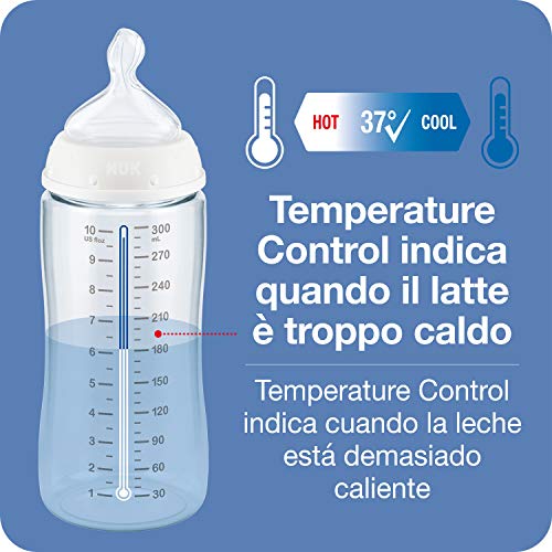 NUK First Choice+ kit de biberones de iniciación, 0-6 meses, 4 biberones con control de temperatura y una cesta para biberones, Válvula anticólico, Sin BPA, Gris y blanco, 5 unidades