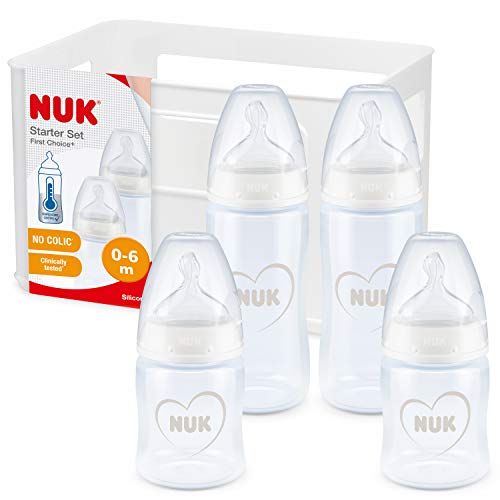 NUK First Choice+ kit de biberones de iniciación, 0-6 meses, 4 biberones con control de temperatura y una cesta para biberones, Válvula anticólico, Sin BPA, Gris y blanco, 5 unidades