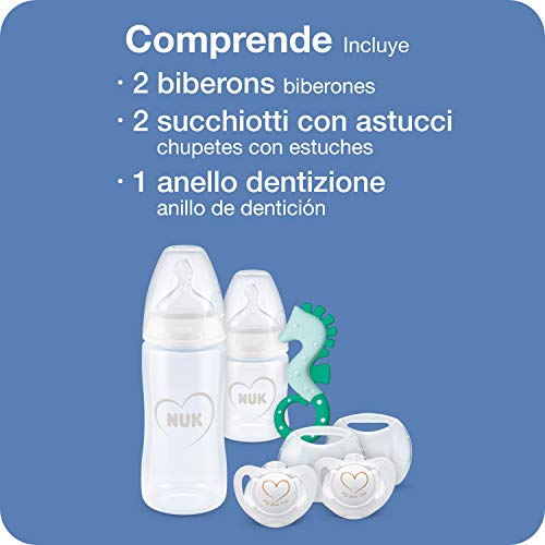 NUK First Choice+ kit de biberones para recién nacidos, 0-6 meses, 2 biberones First Choice+, 2 chupetes de silicona Genius y mordedor, válvula anticólico, Sin BPA, Gris y blanco, 5 unidades