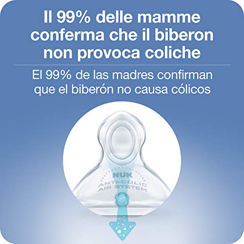 NUK First Choice+ kit de biberones para recién nacidos, 0-6 meses, 2 biberones First Choice+, 2 chupetes de silicona Genius y mordedor, válvula anticólico, Sin BPA, Gris y blanco, 5 unidades