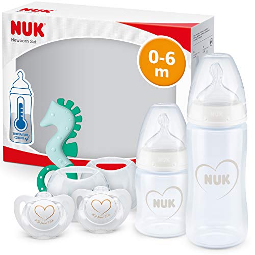 NUK First Choice+ kit de biberones para recién nacidos, 0-6 meses, 2 biberones First Choice+, 2 chupetes de silicona Genius y mordedor, válvula anticólico, Sin BPA, Gris y blanco, 5 unidades