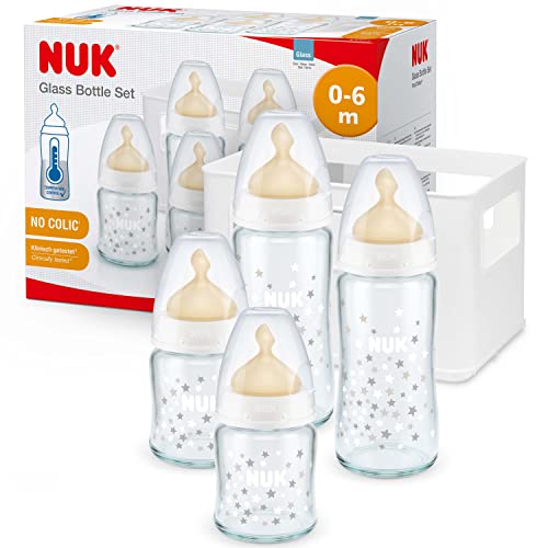 NUK First Choice Plus - Juego de biberones de cristal, con 4 biberones, incluye tetinas de látex y caja para botellas, con indicador de control de temperatura, 0-6 meses