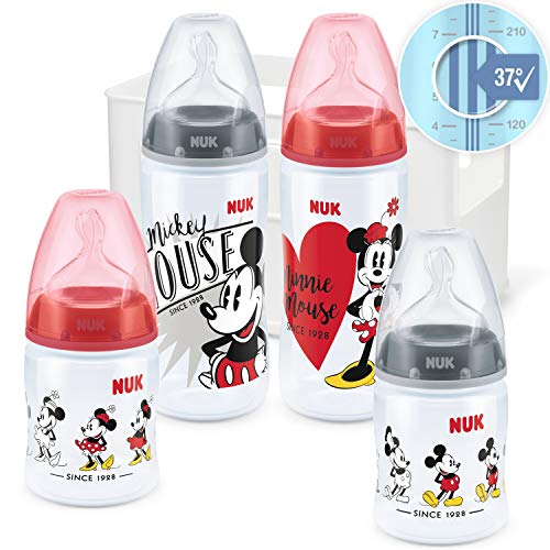 NUK Juego de 4 biberones anticólicos de Disney Mickey Mouse First Choice y 2 de 300 ml, con indicador de control de temperatura, tetina de silicona, caja para botellas, sin BPA