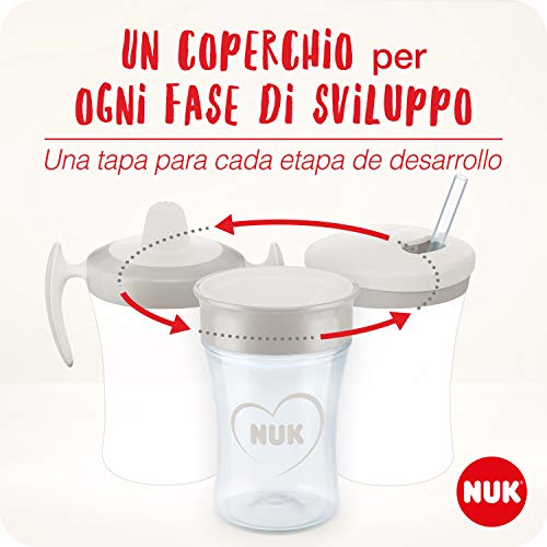 NUK Learn to Drink Set con biberón Trainer Cup (6M+) | vaso antiderrame bebé Magic Cup 360° (8M+) y taza para niños Action Cup (12M+) | 230 ml | sin BPA | Gris y blanco