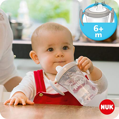 NUK Learn to Drink Set con biberón Trainer Cup (6M+) | vaso antiderrame bebé Magic Cup 360° (8M+) y taza para niños Action Cup (12M+) | 230 ml | sin BPA | Gris y blanco