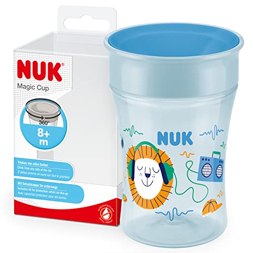 NUK Magic Cup Sippy Cup, Borde antiderrames de 360°, 8+ meses, A prueba de fugas y sin BPA, 230 ml, Erizo azul (10255602)