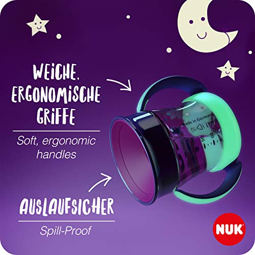 NUK Mini Magic Cup Night taza para sorber | Borde a prueba de derrames de 360° | +6 meses | Brillan en la oscuridad | Sin BPA | 160 ml | Morado