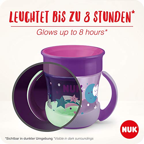 NUK Mini Magic Cup Night taza para sorber | Borde a prueba de derrames de 360° | +6 meses | Brillan en la oscuridad | Sin BPA | 160 ml | Morado