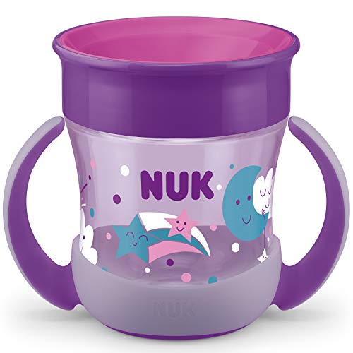 NUK Mini Magic Cup Night taza para sorber | Borde a prueba de derrames de 360° | +6 meses | Brillan en la oscuridad | Sin BPA | 160 ml | Morado