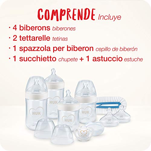 NUK Nature Sense Perfect Start kit de biberones, 0-18 meses, 4 biberones anticólico, chupete, cepillo de limpieza y mas, Sin BPA, Gris y blanco, 9 unidades