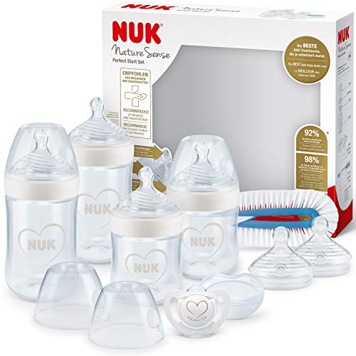 NUK Nature Sense Perfect Start kit de biberones, 0-18 meses, 4 biberones anticólico, chupete, cepillo de limpieza y mas, Sin BPA, Gris y blanco, 9 unidades